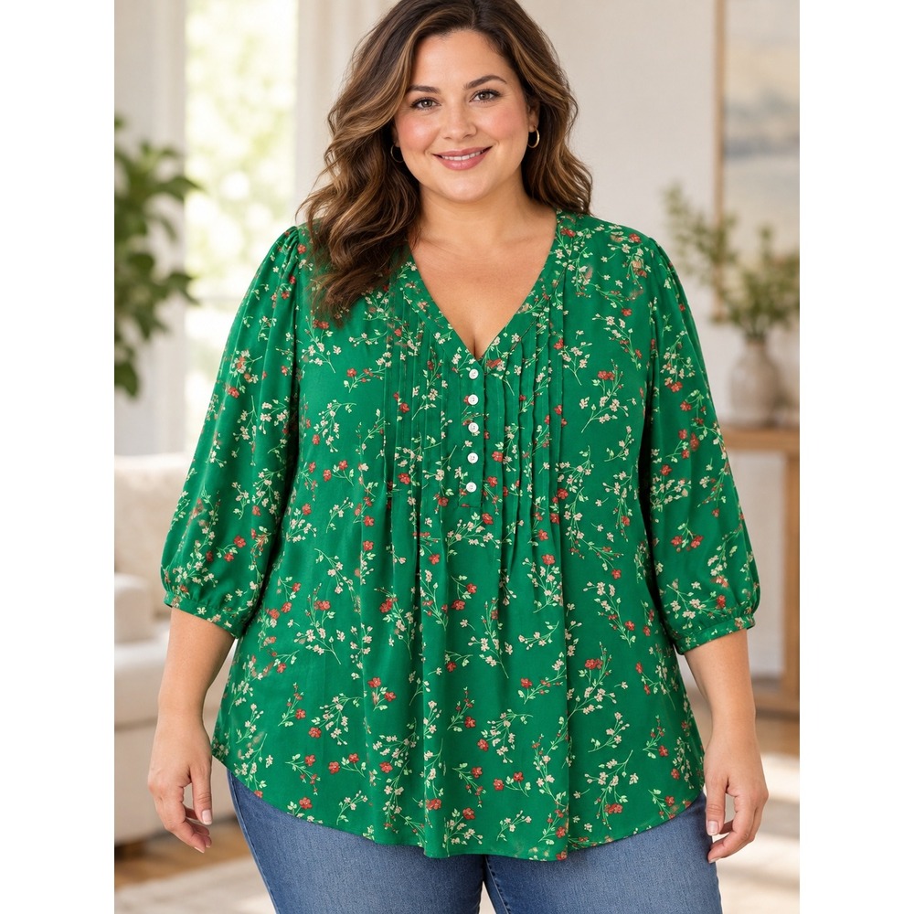 Rose + Olive Blouse Womens 2X Green Floral Pintuck V-Neck 3/4 Sleeve Top